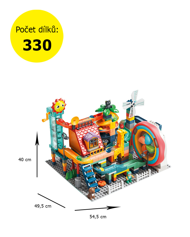 Stavebnice kuličková dráha s elektrickým pohonem, 330 dílků, velké kostky, pro děti od 3 let