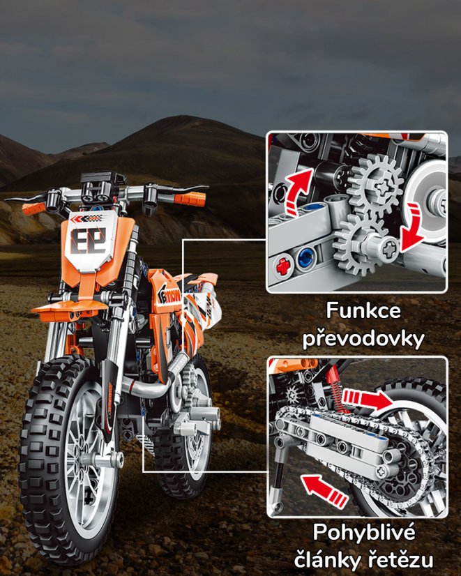 Stavebnice motorka Technic, velký realistický cross model s pohyblivými prvky, 434 dílků