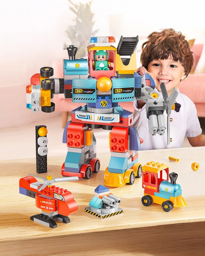 Stavebnica robot s autami a vrtuľníkom, 172 dielikov, pre deti od 3 rokov