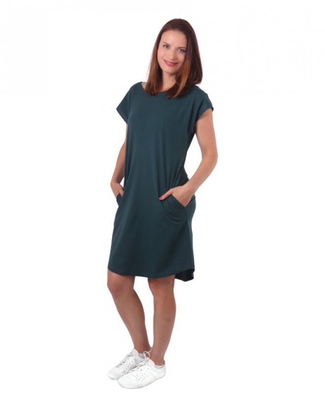 Dámské bavlněné oversized šaty s kapsami Zoe, lahvově zelené - Velikost: XS/S