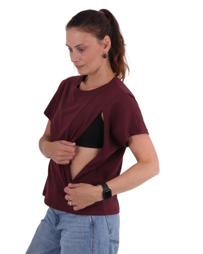 Kojicí tričko se zipem Kira, oversized – bordo