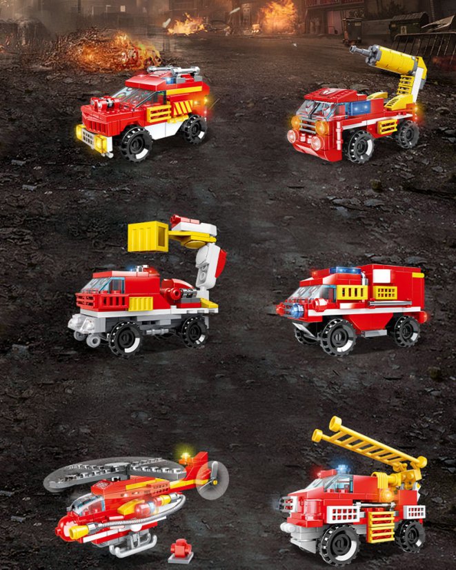 Stavebnice hasiči 6v1, 5 hasičských aut a vrtulník nebo velký robot hasič, 591 dílků