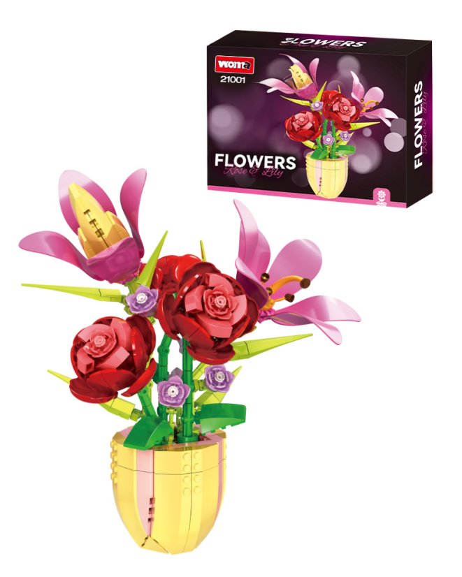 Stavebnice květiny v květináči (450 dílků) – růže, lilie a krokusy