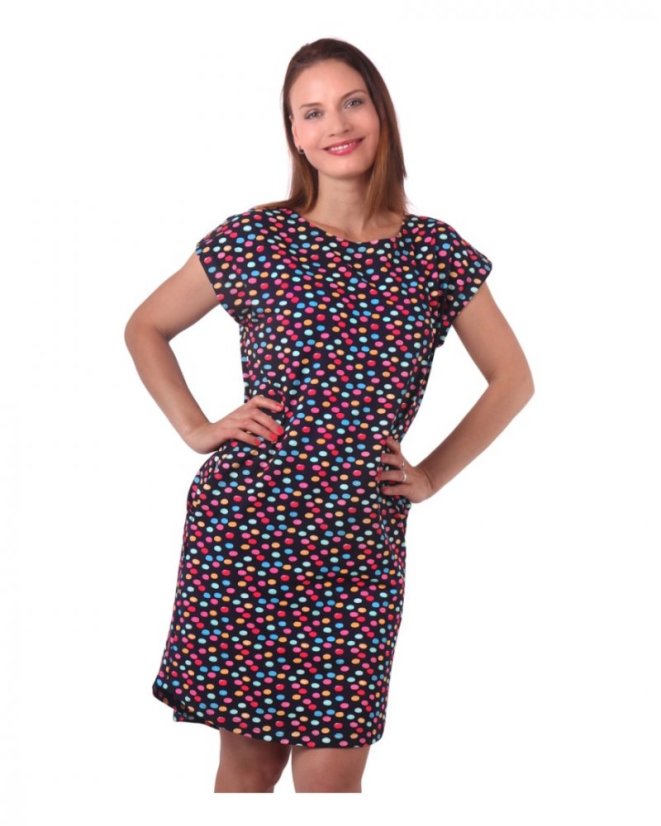 Dámské bavlněné oversized šaty s kapsami Zoe, barevné puntíky na modré - Velikost: XS/S