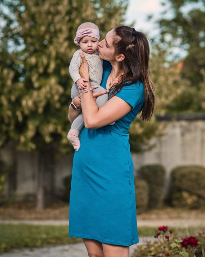 Kojicí šaty s kapsami Tea, krátký rukáv, tmavý tyrkys - Velikost: L/XL