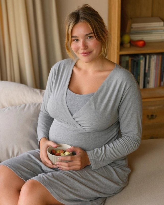 Kojicí noční košile Eva, dlouhý rukáv, šedý melír - Velikost: S/M