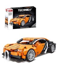 Stavebnice Technic velké závodní auto (22 cm), natahovací s interaktivními prvky, oranžové, 388 dílků
