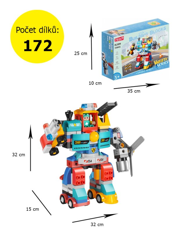 Stavebnica robot s autami a vrtuľníkom, 172 dielikov, pre deti od 3 rokov