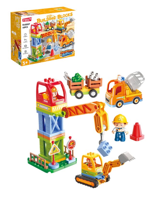 Stavebnica žeriav a stavebné stroje – veľké kocky pre deti od 3 rokov, 62 dielikov