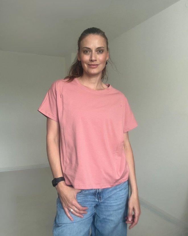 Kojicí tričko se zipem Kira, oversized – starorůžové