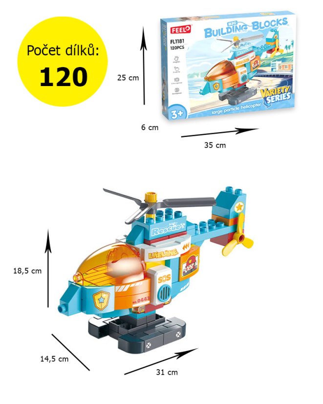 Stavebnice velký záchranářský vrtulník (31 cm) pro děti od 3 let, 120 dílků
