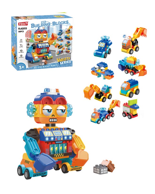 Stavebnica robot s bagrom a vozidlami, 88 dielikov, pre deti od 3 rokov