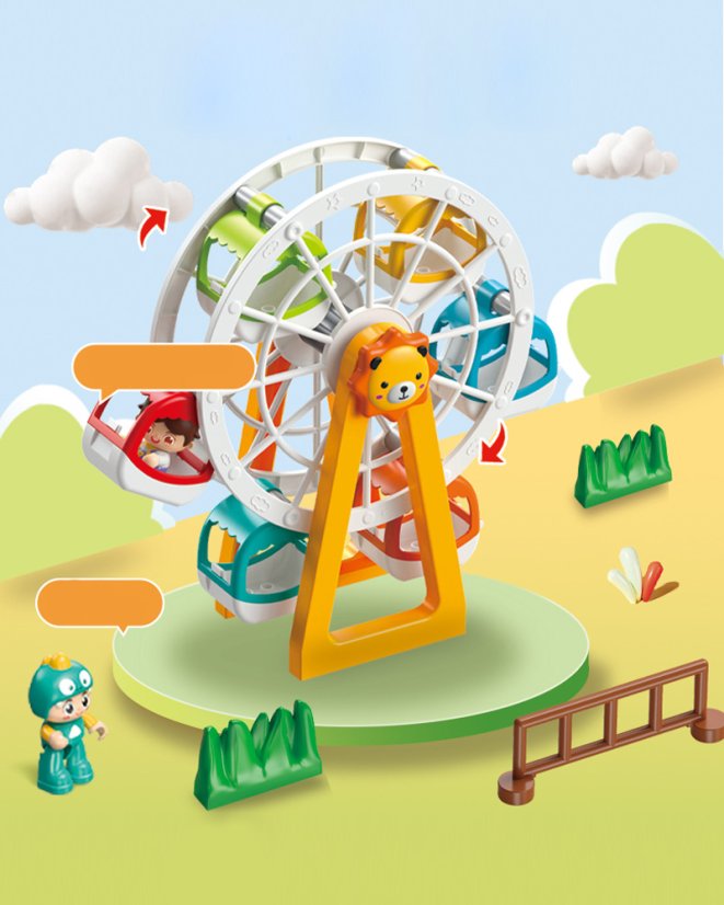 Stavebnice zábavní park s ruským kolem, kuličkovou dráhou a figurkami, 81 dílků, velké kostky pro děti od 3 let