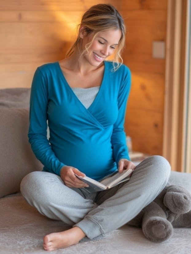 Těhotenské a kojicí pyžamo, dlouhé, tmavý tyrkys + šedý melír