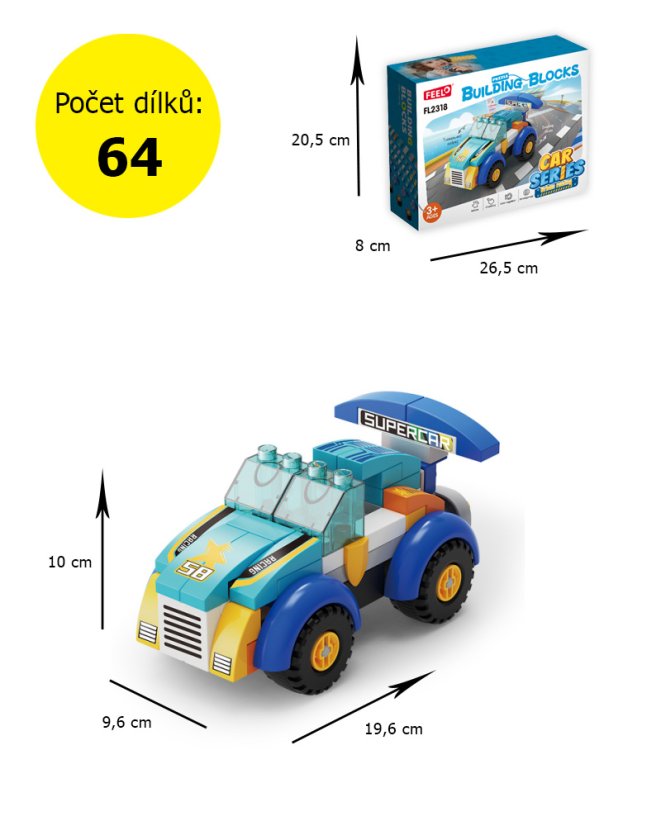 Stavebnice pro nejmenší Velké závodní auto (19 cm), 64 dílků, kompatibilní