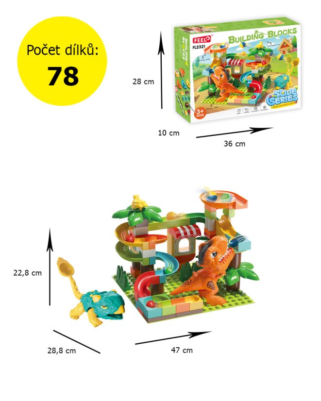 Stavebnice kuličková dráha s dinosaury a katapultem, 78 dílků, pro děti od 3 let