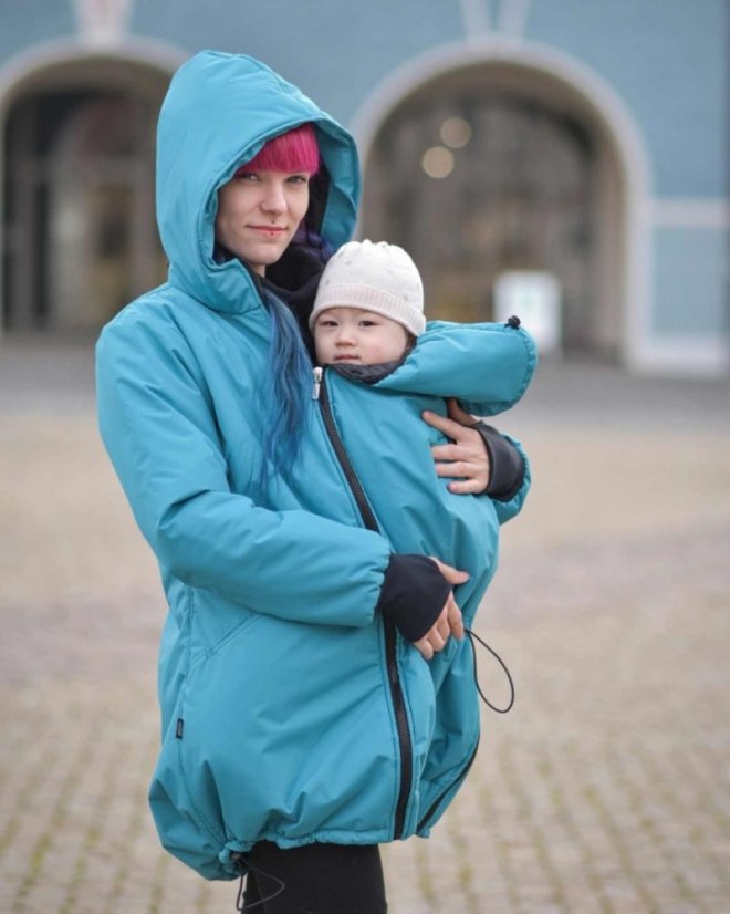 Zimní nosicí bunda/kabát Freya + TĚHOTENSKÁ VSADKA, tyrkysová