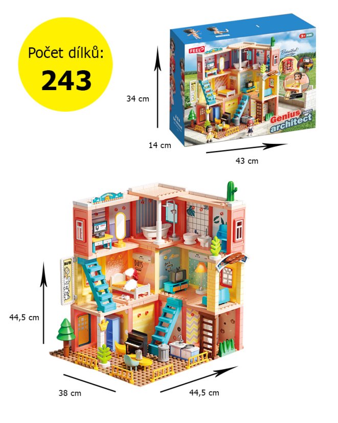 Stavebnice 3 patrová vila s opravdovým osvětlením, 243 kostiček, spousta vybavení a figurky, velké kostky 3+