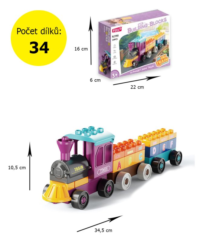 Stavebnice vláček s abecedou, 34 dílků pro děti od 3 let