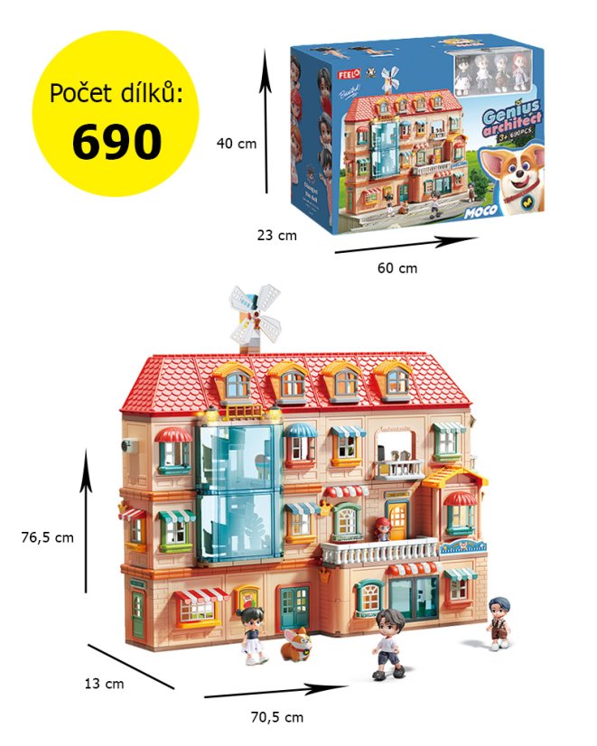Stavebnice čtyřpatrový dům s LED a autem, 690 dílků, pro děti od 3 let