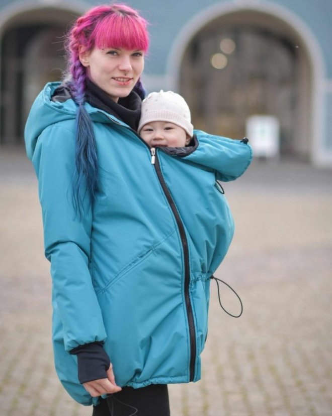 Zimní nosicí bunda/kabát Freya + TĚHOTENSKÁ VSADKA, tyrkysová