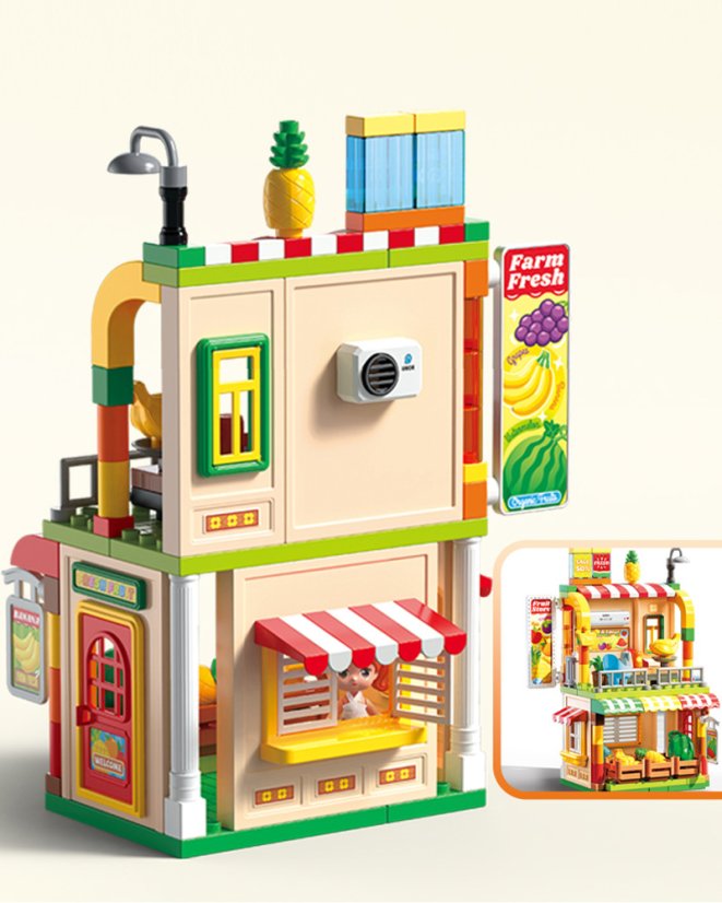 Stavebnice obchod s ovocem a autem, 133 dílků, pro děti od 3 let