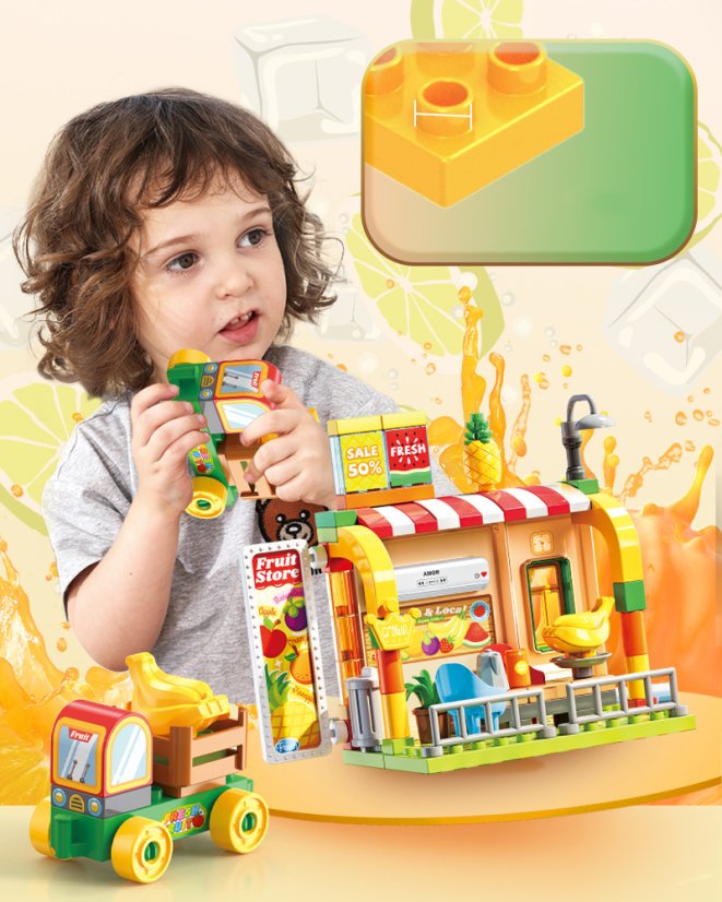 Stavebnice obchod s ovocem a autem, 133 dílků, pro děti od 3 let