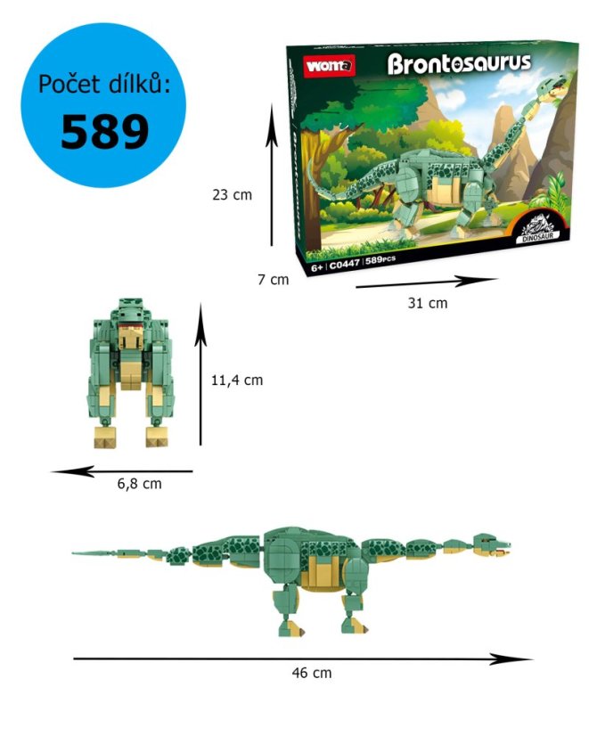 Stavebnice dinosaurus Brontosaurus (46 cm dlouhý) s pohyblivými prvky, 589 dílků