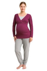 Maternity and breast-feeding pyjamas, long, cyclamen + grey