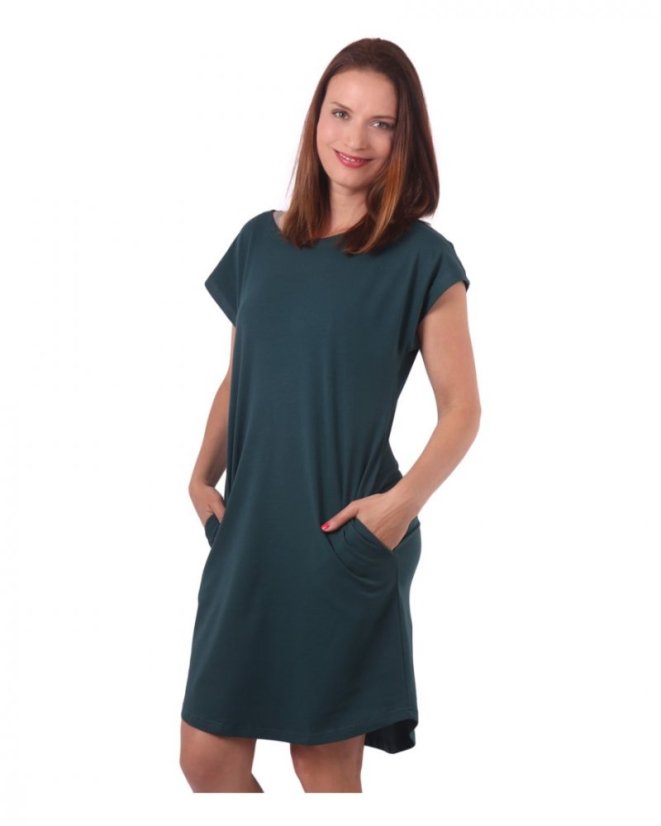 Dámské bavlněné oversized šaty s kapsami Zoe, lahvově zelené - Velikost: XS/S