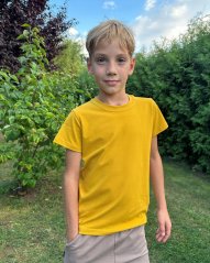 Bavlnené detské tričko, krátky rukáv, horčicové