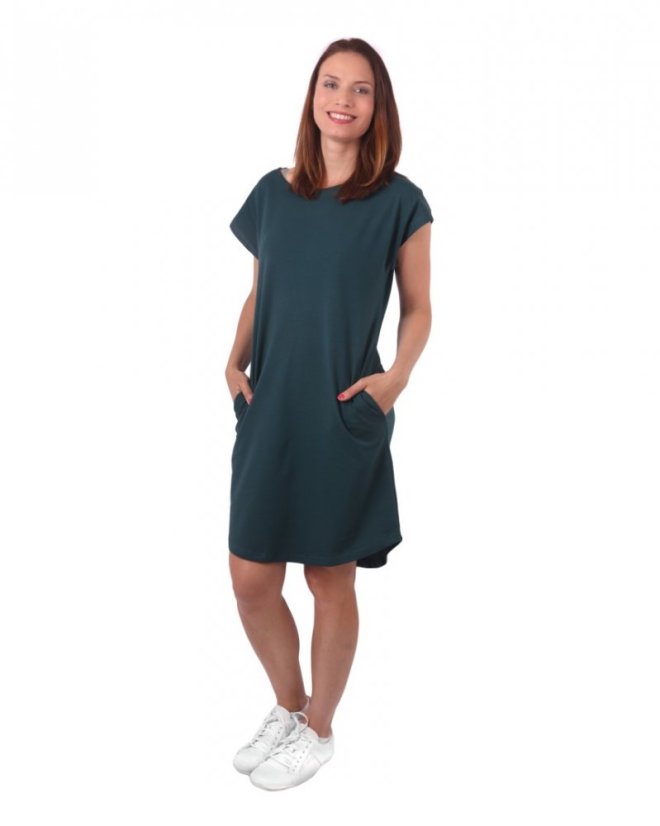 Dámské bavlněné oversized šaty s kapsami Zoe, lahvově zelené - Velikost: XS/S