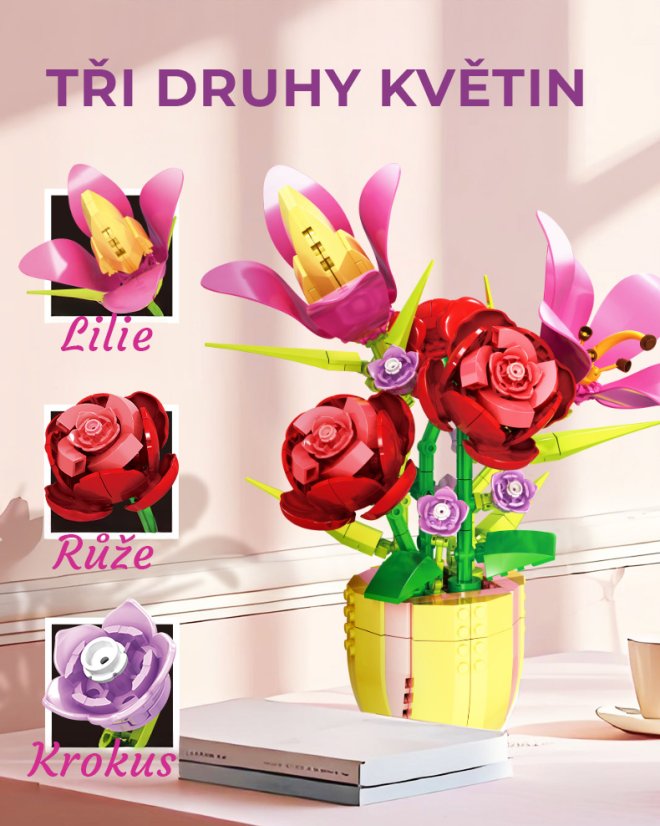 Stavebnice květiny v květináči (450 dílků) – růže, lilie a krokusy