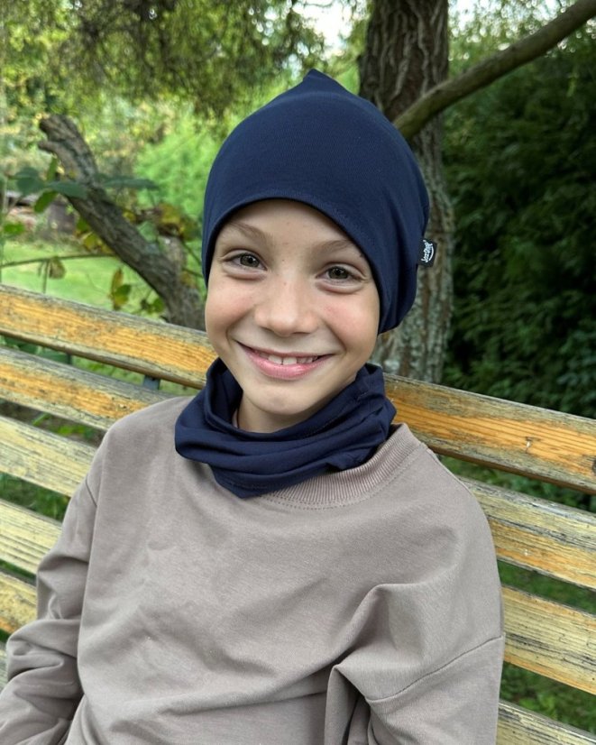 Dětská čepice bavlněná, oboustranná, černá + tmavě modrá