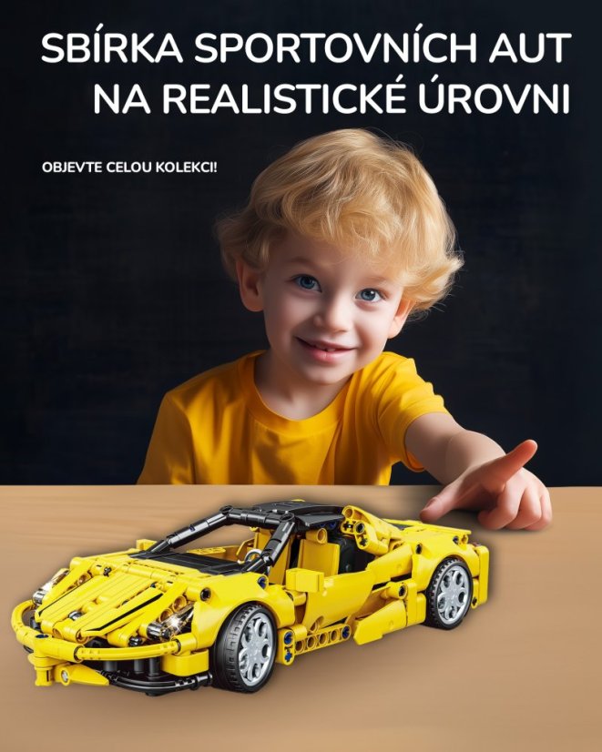 Stavebnice Technic závodní auto dlouhé 25 cm, natahovací s otvíracím kufrem, žluté, 391 dílků