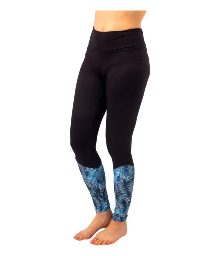 Damen-Leggings mit hoher Taille, Schwarz + Blaue Blätter