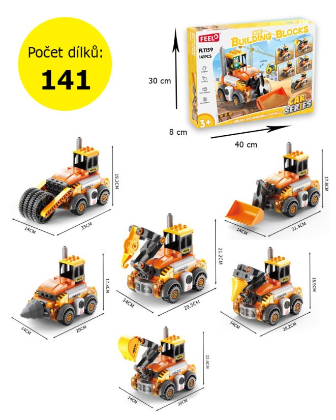 Stavebnice stavební stroje 6v1, 141 dílků, pro děti od 3 let