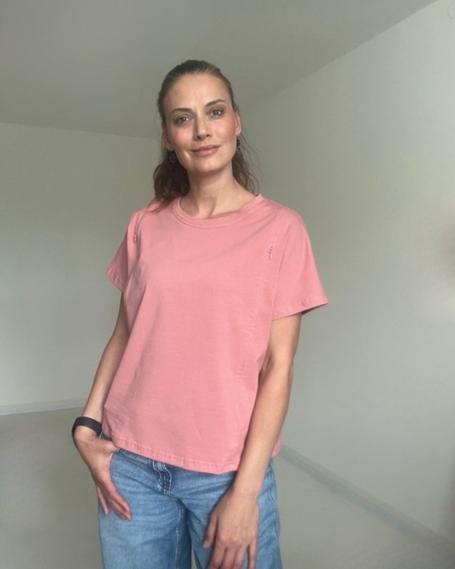 Kojicí tričko se zipem Kira, oversized – starorůžové