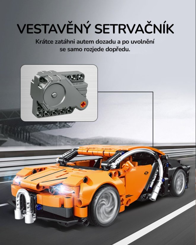 Stavebnice Technic velké závodní auto (22 cm), natahovací s interaktivními prvky, oranžové, 388 dílků