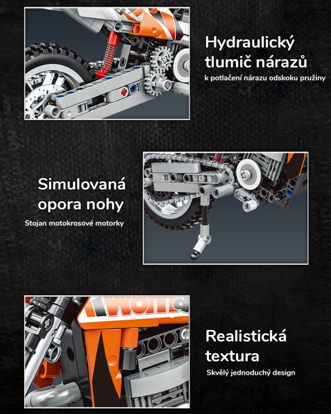 Stavebnice motorka Technic, velký realistický cross model s pohyblivými prvky, 434 dílků