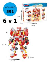 Stavebnice hasiči 6v1, 5 hasičských aut a vrtulník nebo velký robot hasič, 591 dílků
