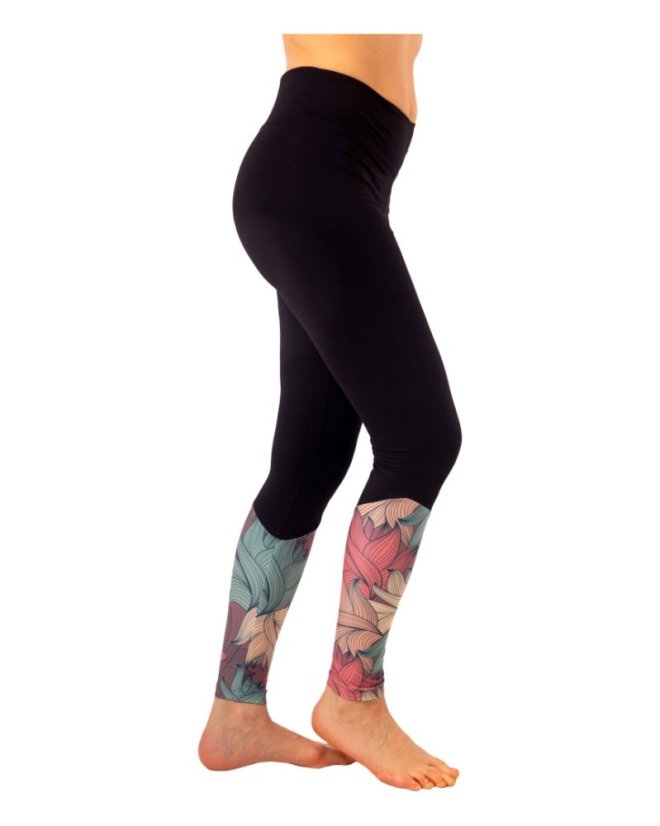 Damen Leggings mit hohem Bund – schwarz + pastellfarbene Blumen - Größe: XS