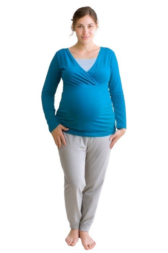 Těhotenské a kojicí pyžamo, dlouhé, tmavý tyrkys + šedý melír