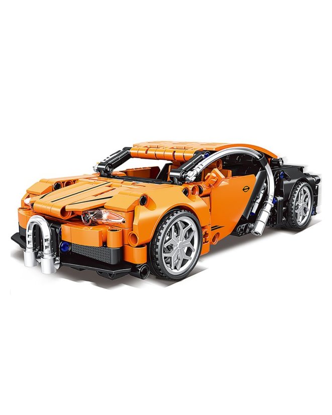 Stavebnice Technic velké závodní auto (22 cm), natahovací s interaktivními prvky, oranžové, 388 dílků