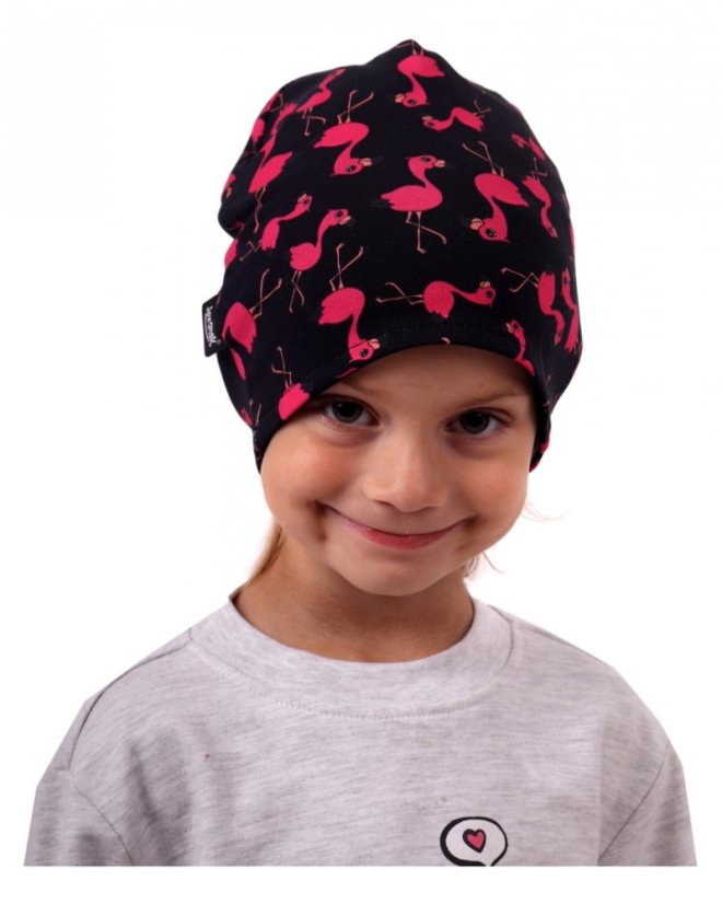 Baumwollmütze für Kinder – schwarz + Flamingos - Größe: M (4+)