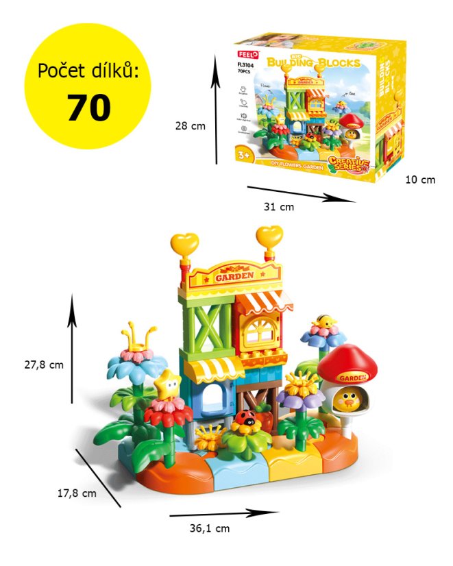 Stavebnica kvetinová záhradka s domčekom, 70 dielikov, pre deti od 3 rokov