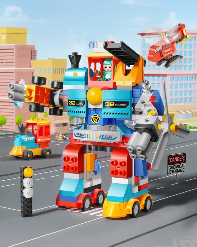 Stavebnica robot s autami a vrtuľníkom, 172 dielikov, pre deti od 3 rokov