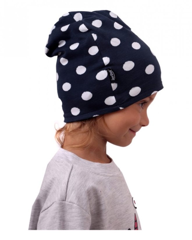 Dětská čepice bavlněná, oboustranná, černá+modrá s puntíky
