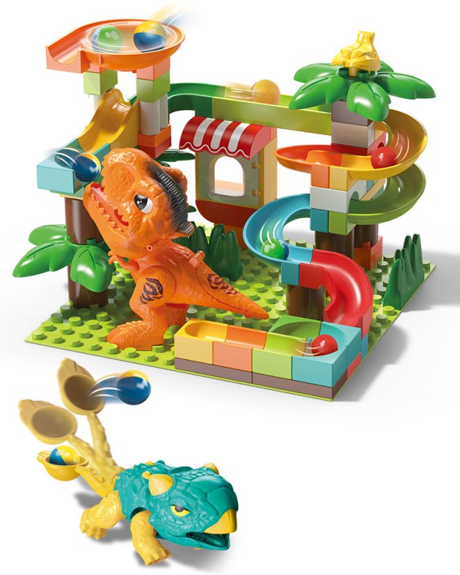 Stavebnice kuličková dráha s dinosaury a katapultem, 78 dílků, pro děti od 3 let
