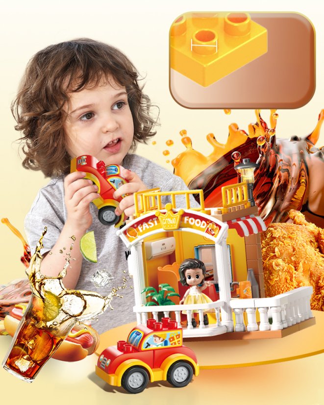 Stavebnice restaurace s autem, 115 dílků, pro děti od 3 let
